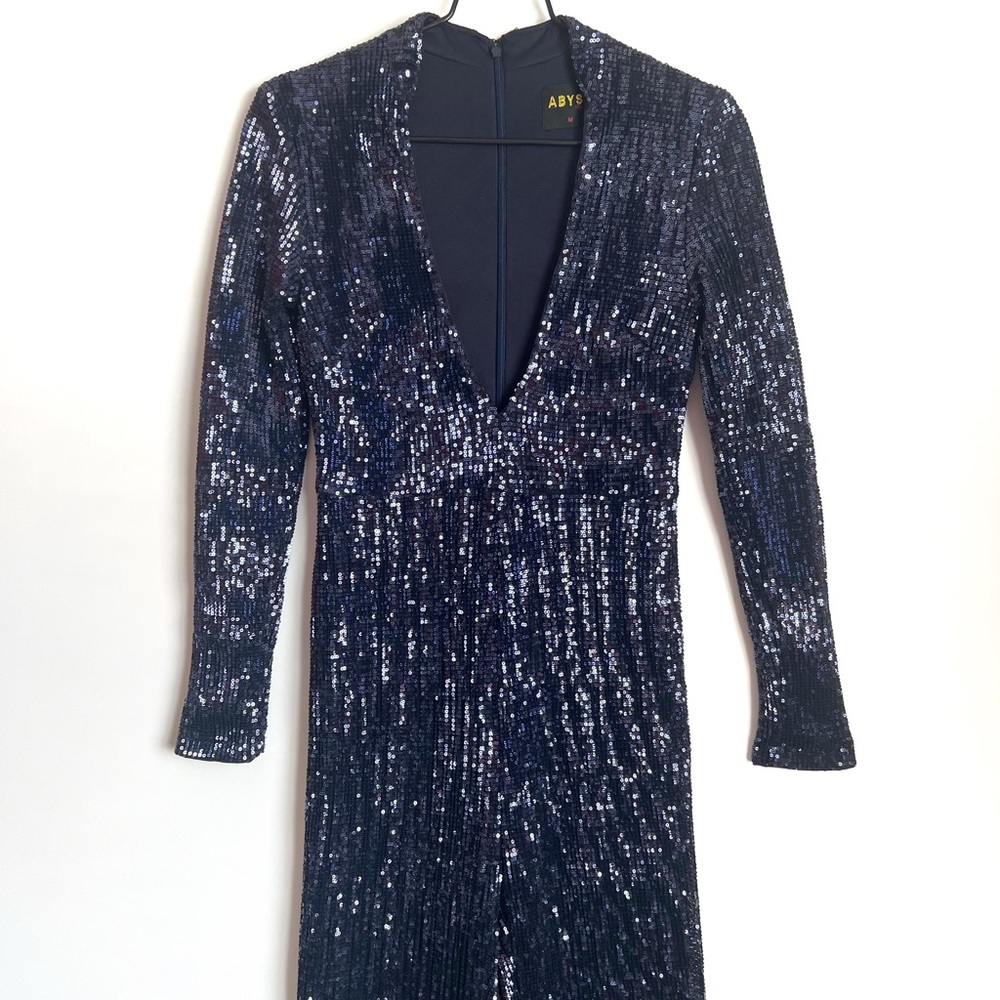 Abyss By Abby Navy Blue Sequin Long Sleeve Deep V-Neckline Jumpsuit size Medium